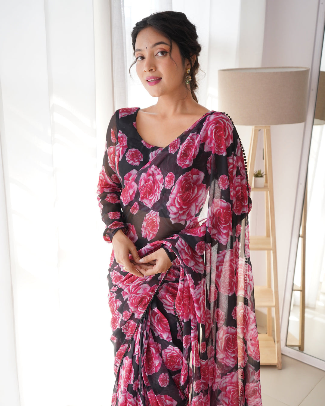 Floral Wine Colour Chiffon Pre Drapped Saree