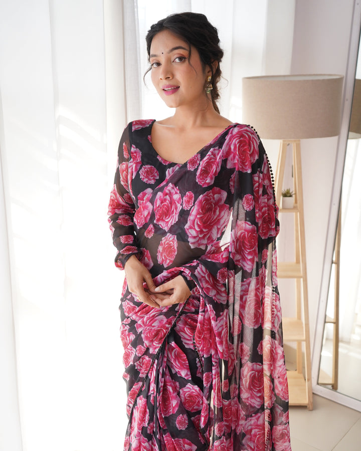 Floral Wine Colour Chiffon Pre Drapped Saree