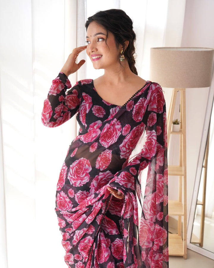 Floral Wine Colour Chiffon Pre Drapped Saree