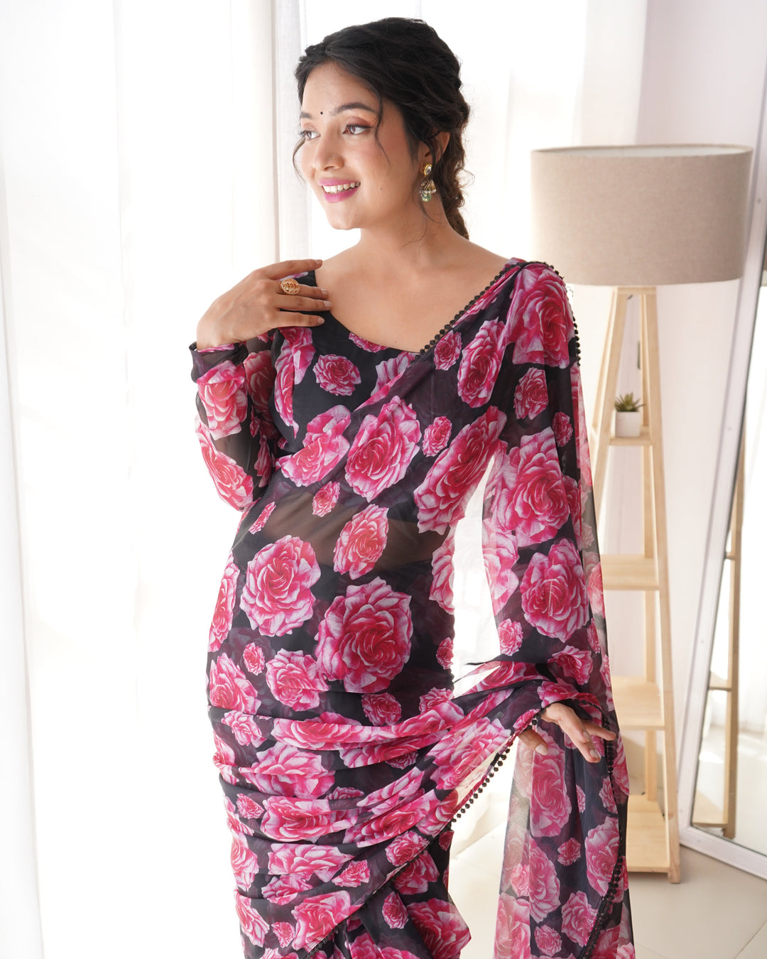 Floral Wine Colour Chiffon Pre Drapped Saree