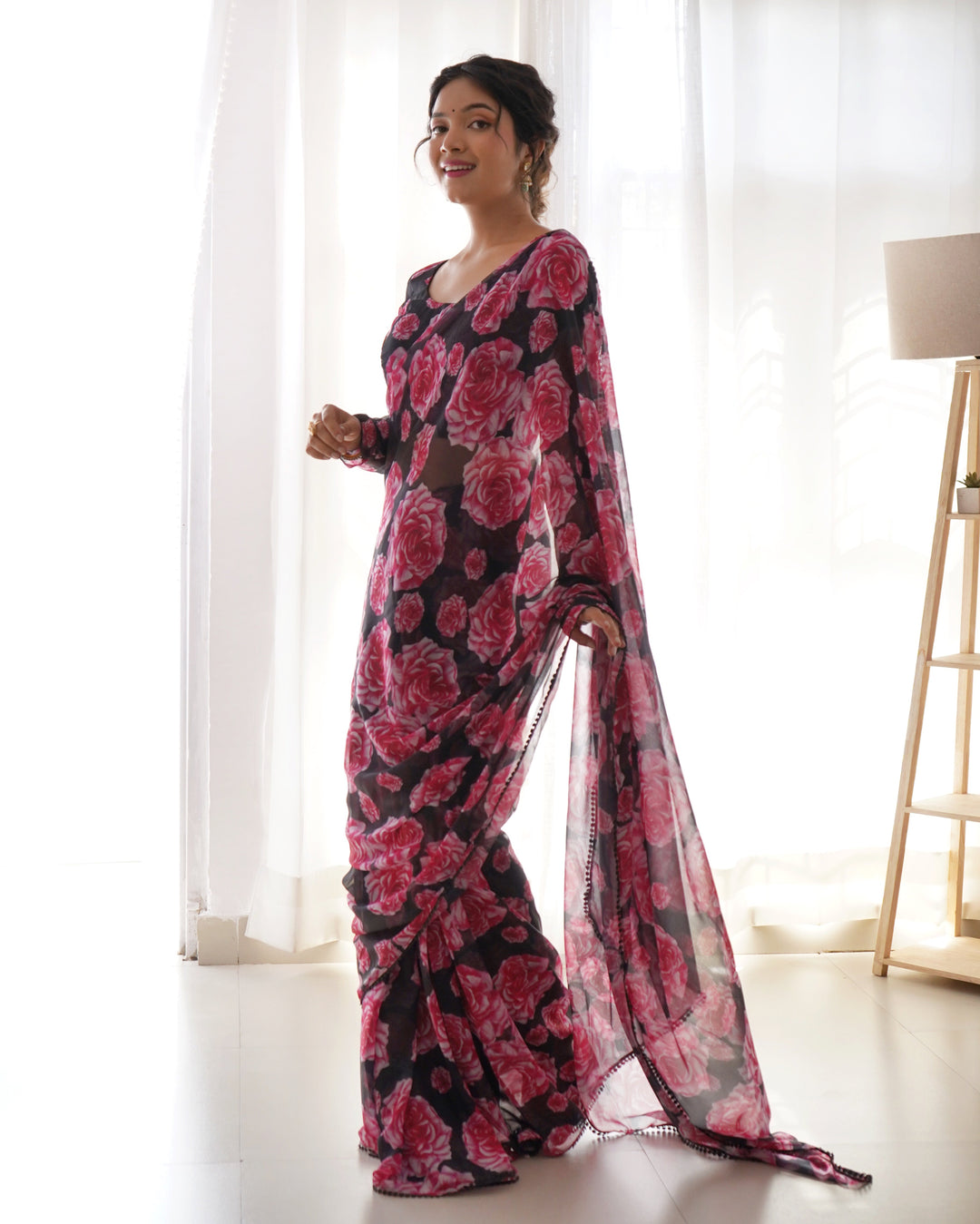 Floral Wine Colour Chiffon Pre Drapped Saree
