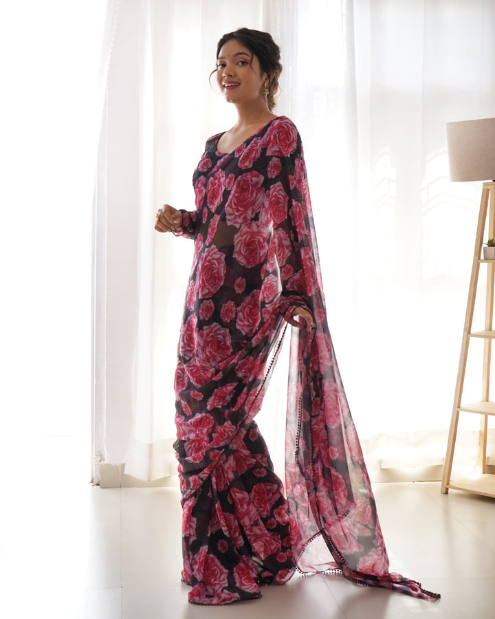 Floral Wine Colour Chiffon Pre Drapped Saree