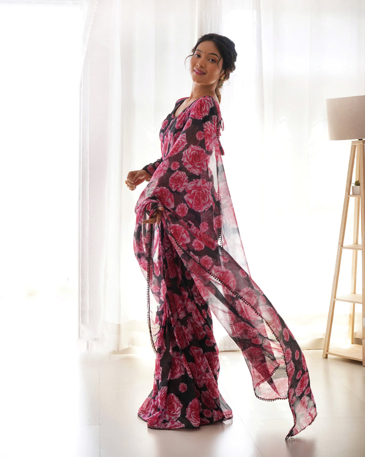 Floral Wine Colour Chiffon Pre Drapped Saree