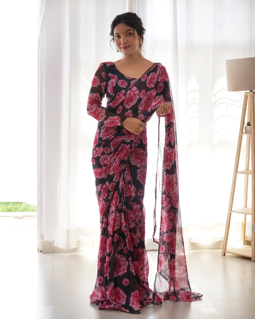 Floral Wine Colour Chiffon Pre Drapped Saree