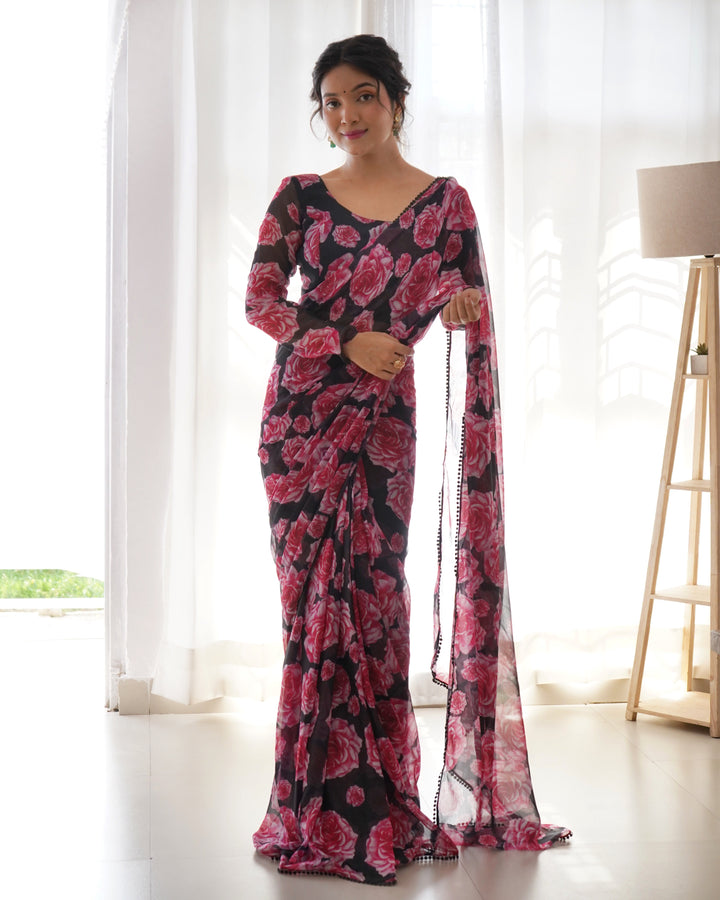 Floral Wine Colour Chiffon Pre Drapped Saree