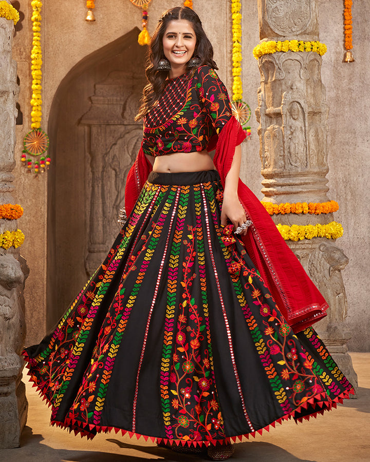 Black Color Viscose Rayon Thread Embroidered Navratri Lehenga Choli