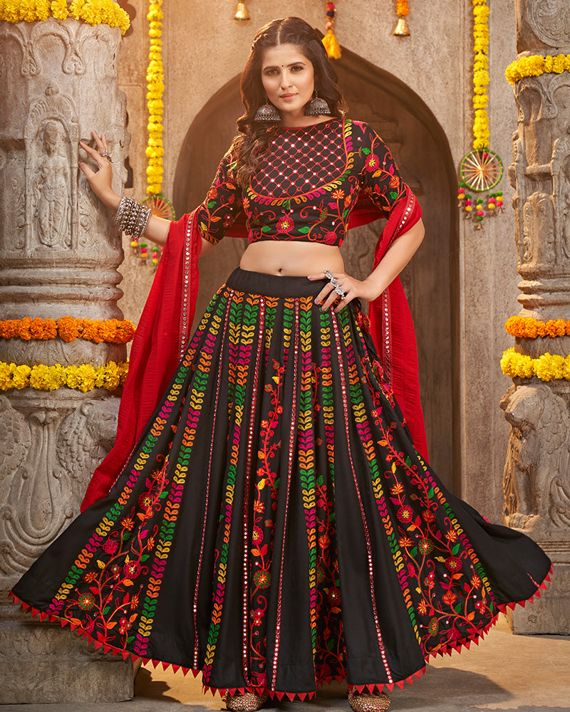 Black Color Viscose Rayon Thread Embroidered Navratri Lehenga Choli