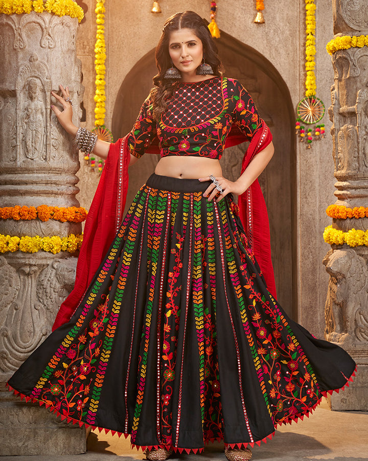 Black Color Viscose Rayon Thread Embroidered Navratri Lehenga Choli
