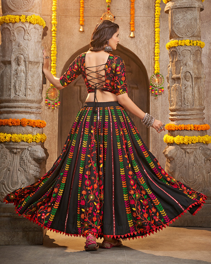 Black Color Viscose Rayon Thread Embroidered Navratri Lehenga Choli