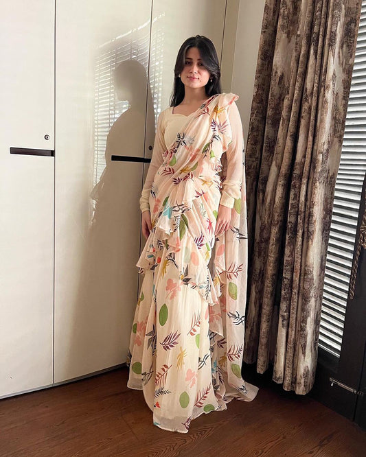 Gunjan Kunwar in Off White Printed Ruffle Lehenga Pre Drapped Saree