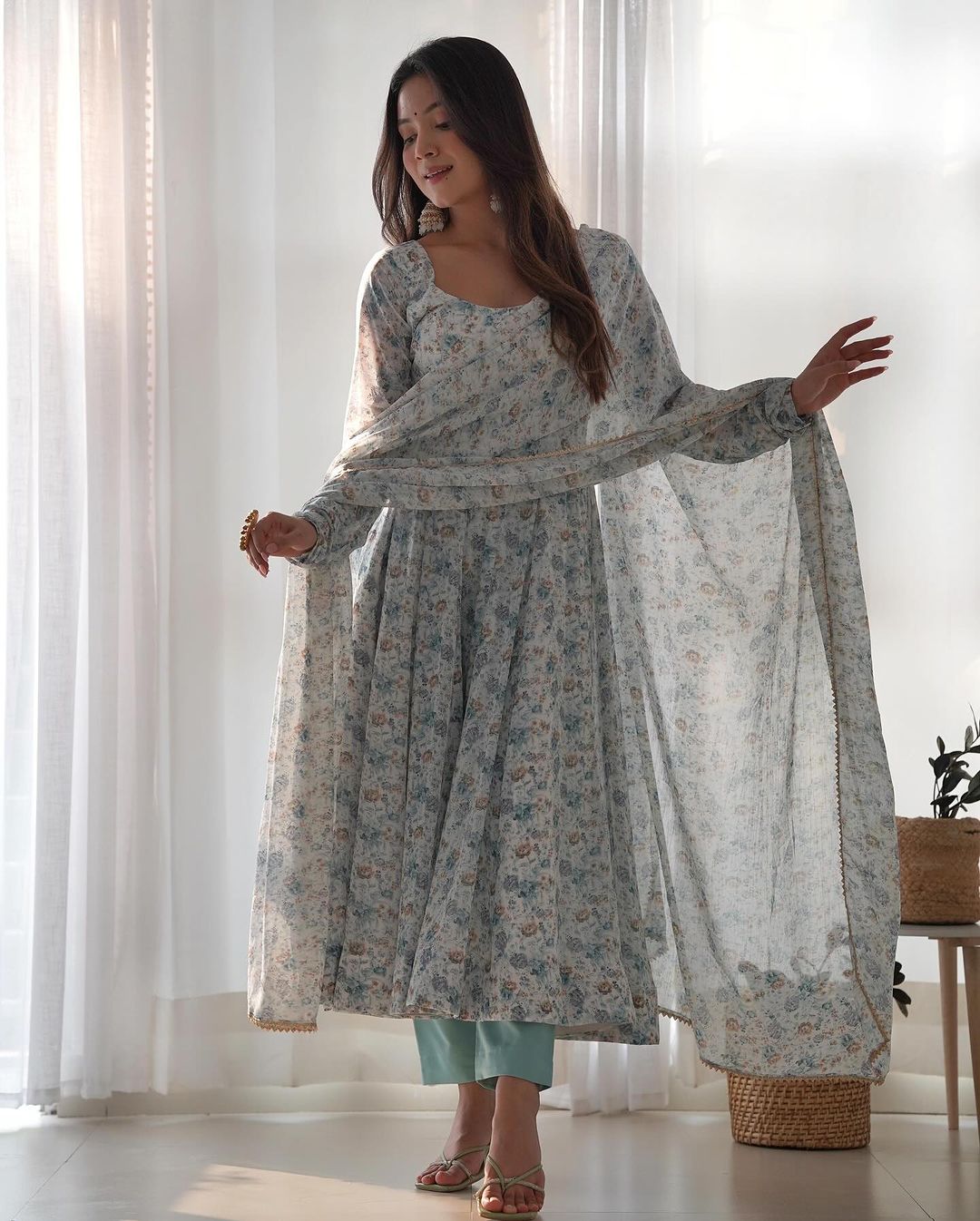 White Heavy Chiffon Floral Print With Fully Flair Three Piece Anarkali Suit