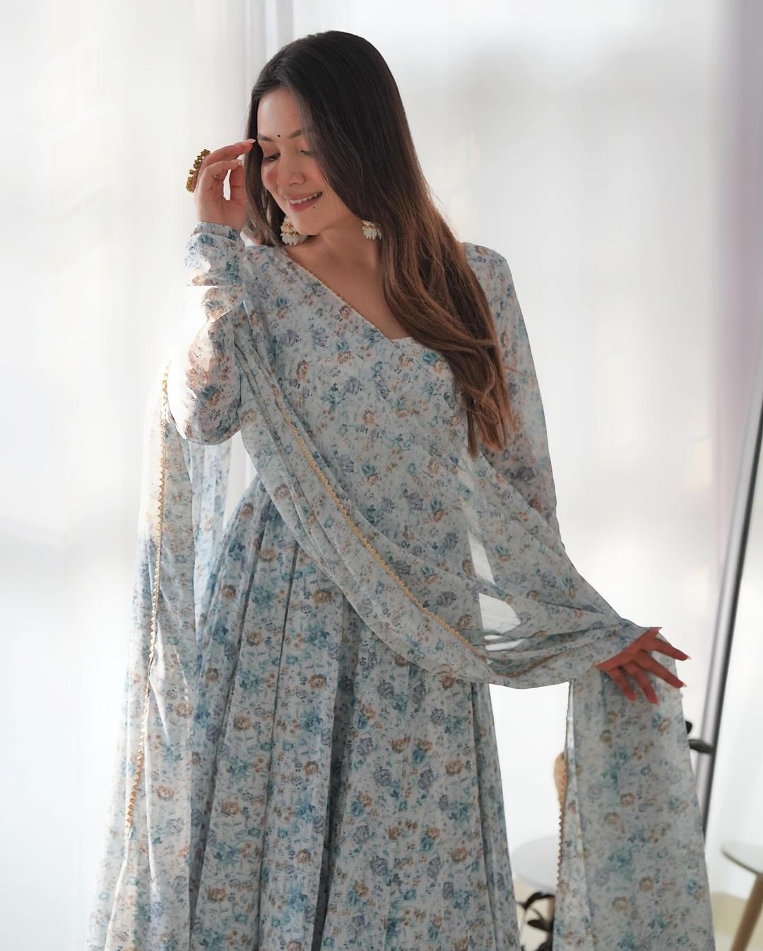 White Heavy Chiffon Floral Print With Fully Flair Three Piece Anarkali Suit