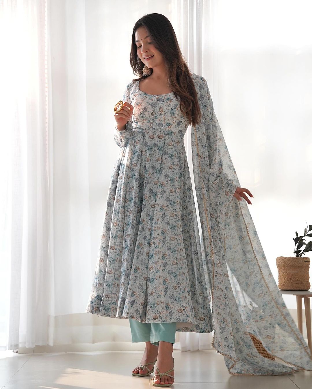 White Heavy Chiffon Floral Print With Fully Flair Three Piece Anarkali Suit
