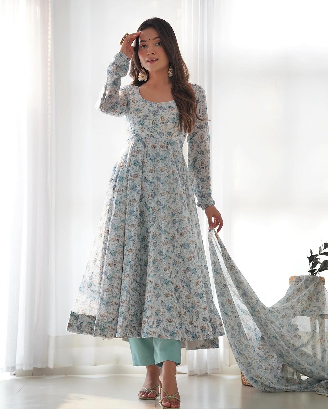 White Heavy Chiffon Floral Print With Fully Flair Three Piece Anarkali Suit