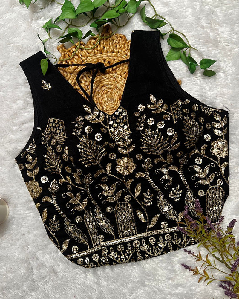 Black Color Vichitra Silk Embroidered Blouse