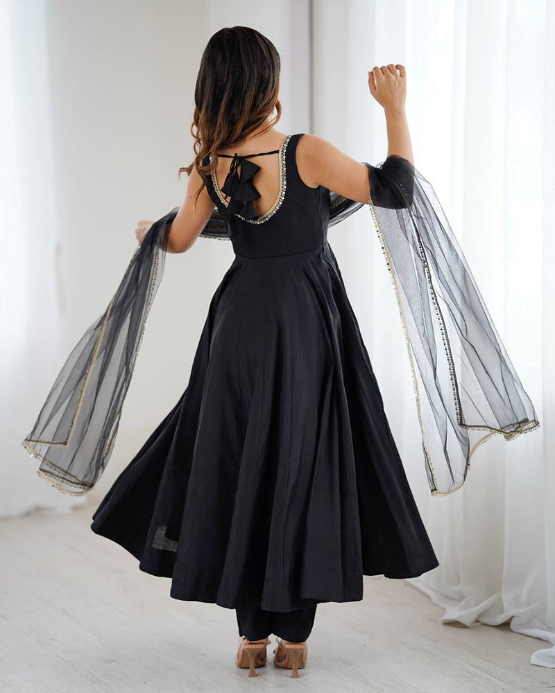 Designer Black Color Roman Chanderi Silk Anarkali Suit