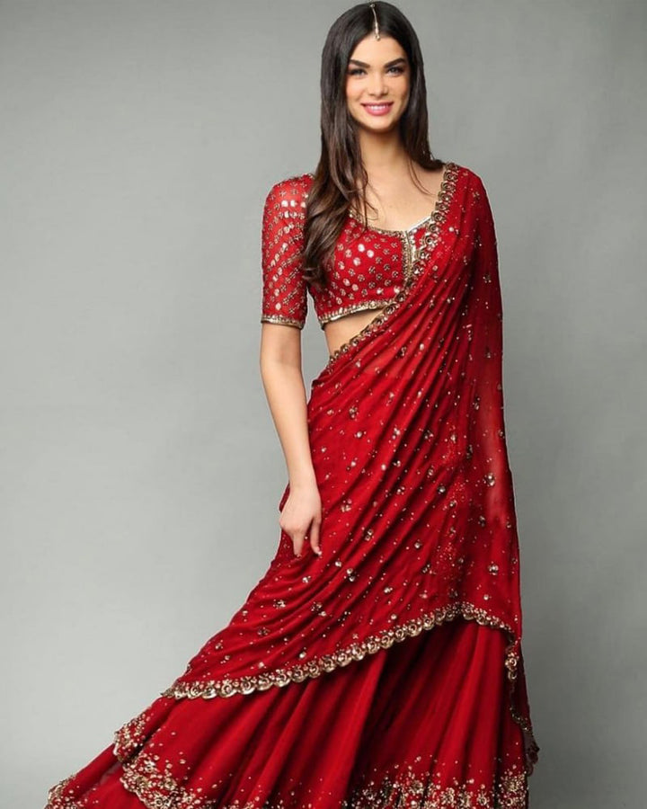 Maroon Double Layer Sequence Embroderied Georgette Lehenga Choli