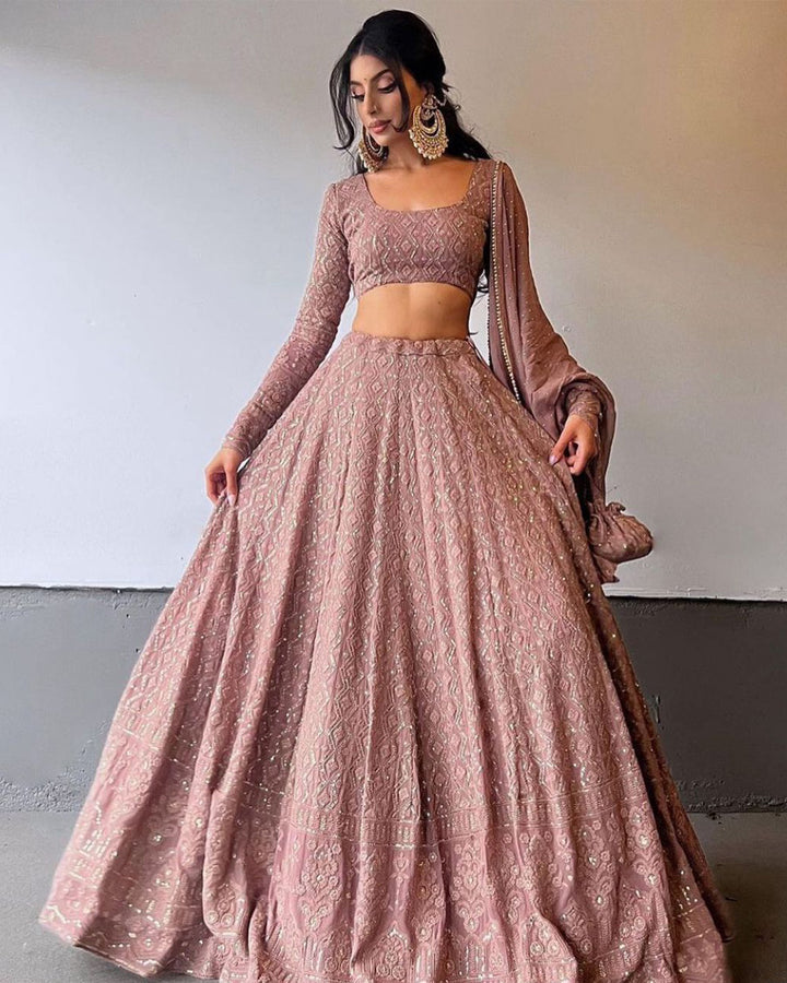 Dusty Chocolate Georgette Lucknowi Work Lehenga Choli