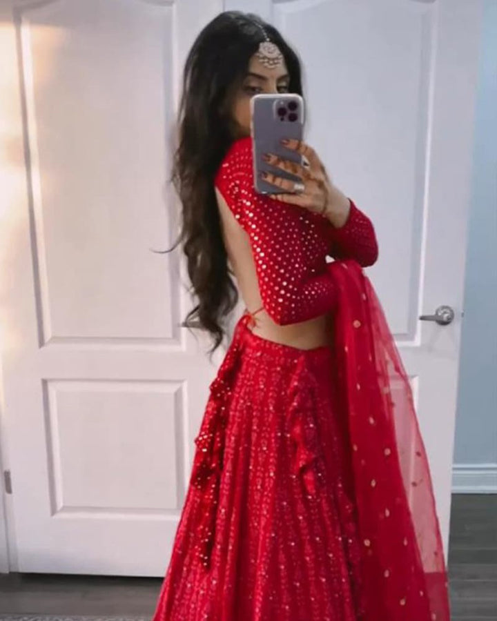 Red Georgette Lucknowi Work Lehenga Choli