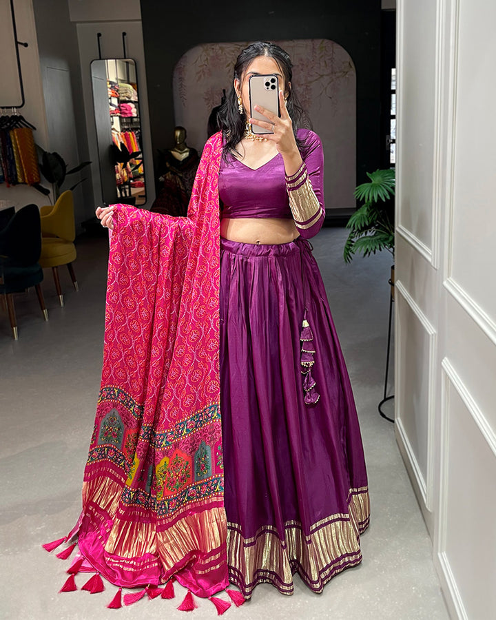 Purple Dyeing With Lagdi Patta Gaji Silk Lehenga Choli