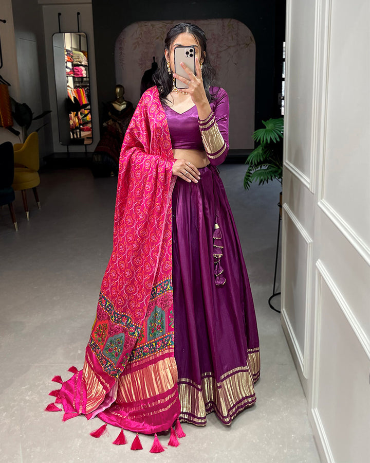Purple Dyeing With Lagdi Patta Gaji Silk Lehenga Choli