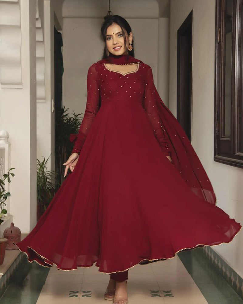 Maroon  Soft Georgette With Sequence Fully Flair Anarkali Suit