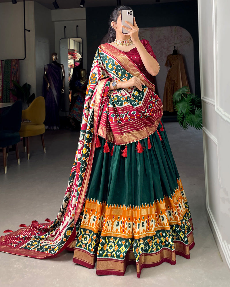 Green Amazing Patola Printed Tussar Silk Lehenga Choli