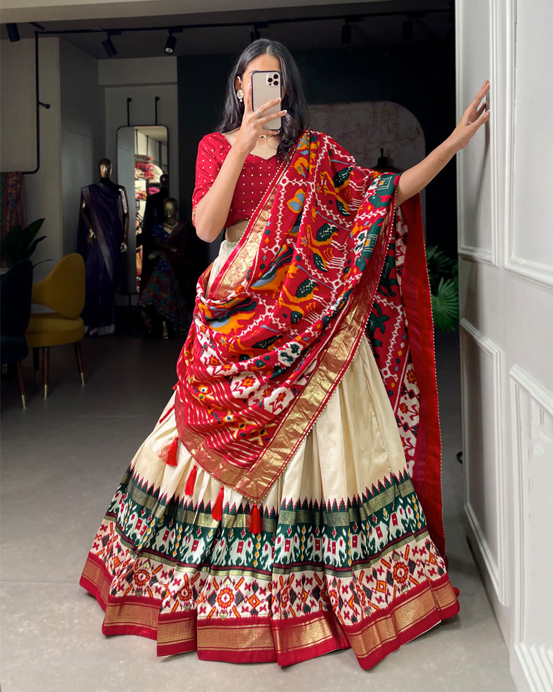 White Amazing Patola Printed Tussar Silk  Lehenga Choli