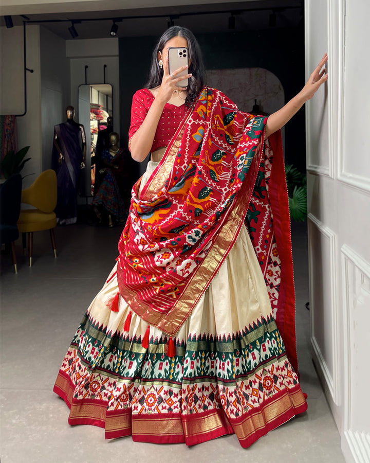 White Amazing Patola Printed Tussar Silk  Lehenga Choli