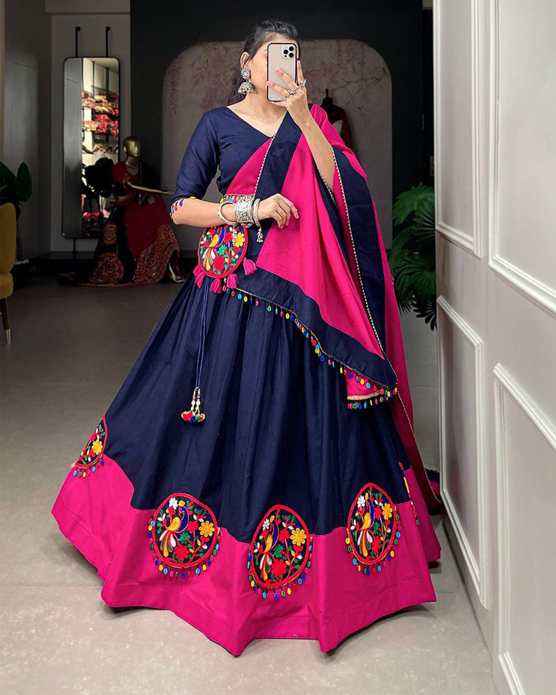 Navy Blue Color Pure Cotton Lehenga Choli With Gamthi Patche Work