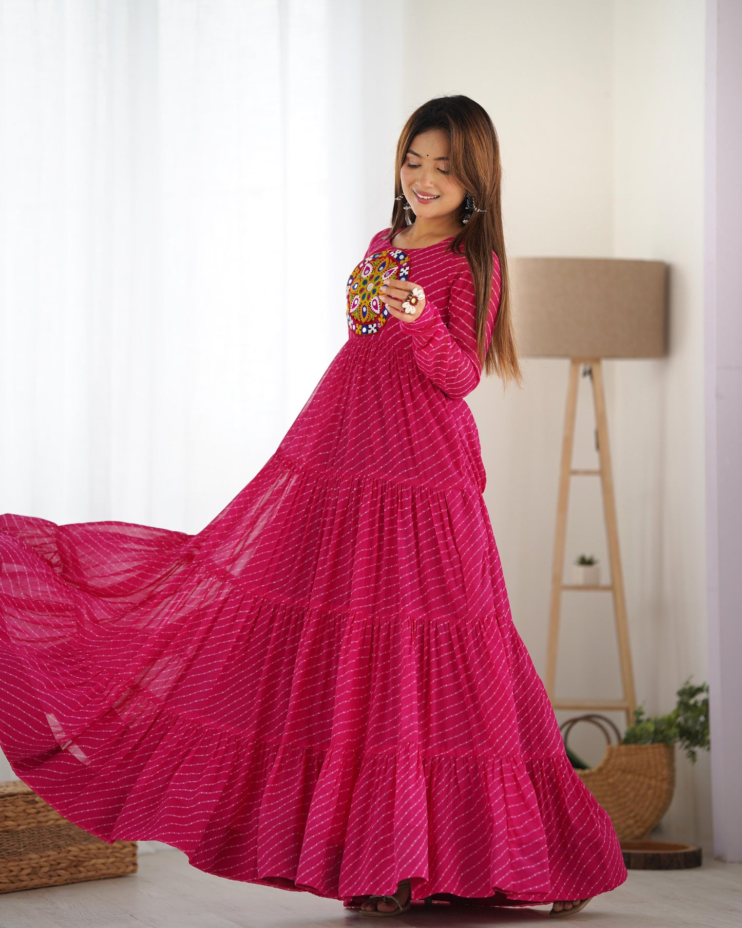 Rani Pink Color Georgette Laheriya Print Navratri Gown