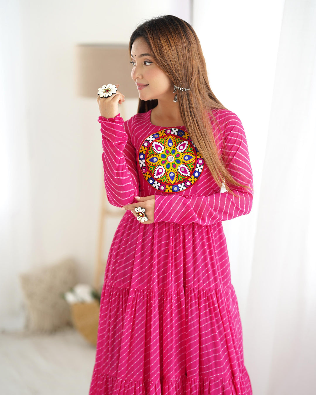 Rani Pink Color Georgette Laheriya Print Navratri Gown