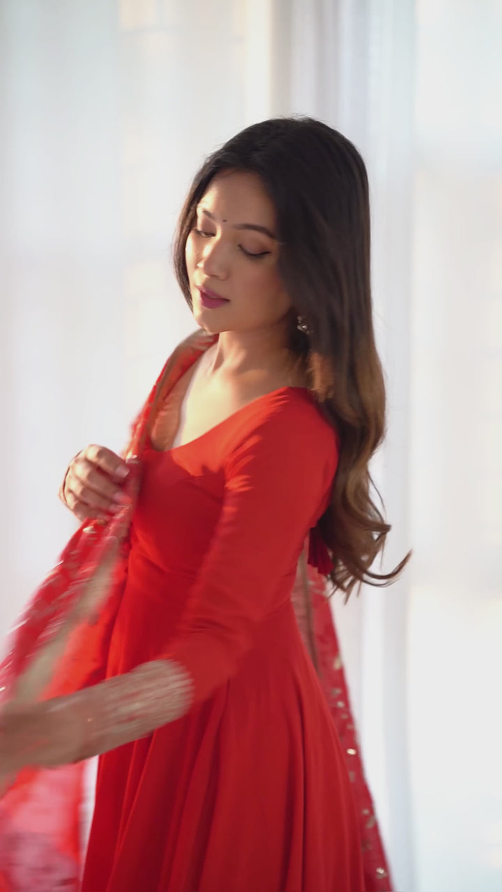 Red Color Soft Georgette Anarkali With Heavy Dupatta Work