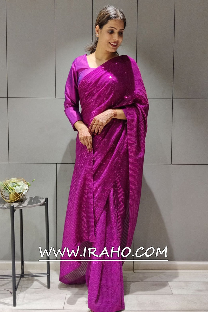 Rani Pink Georgette Sequence Ready To Wear Saree