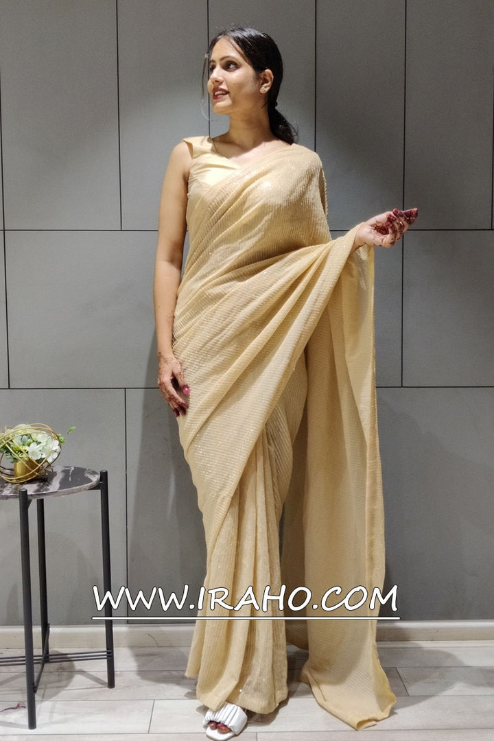 Cream Georgette Sequence Ready To Wear Saree
