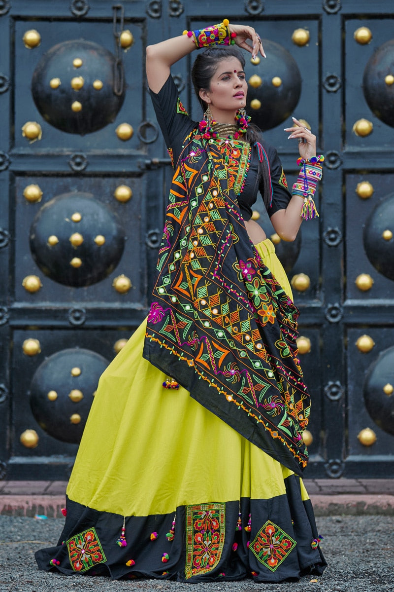 Black Neon Green Soft Cotton Real Mirror Navratri Lehenga Choli