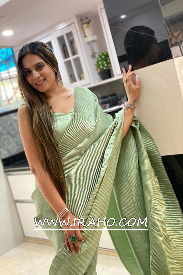 Parrot Satin Silk Ready To Wear Crush Saree