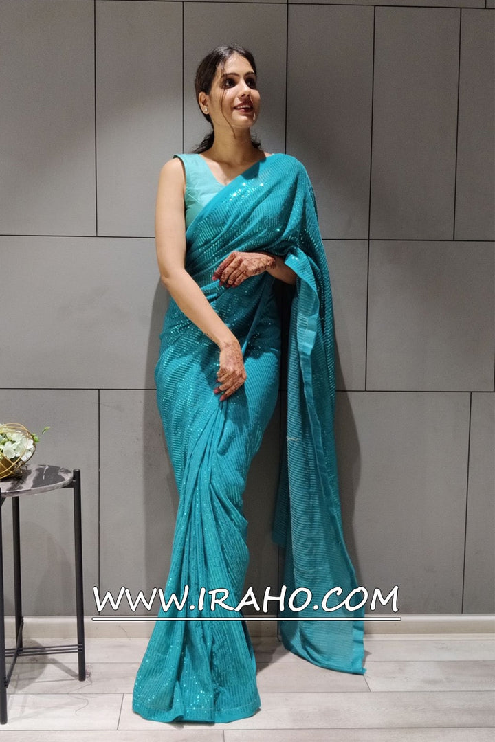 Rama Sky Blue Georgette Sequence Ready To Wear Saree