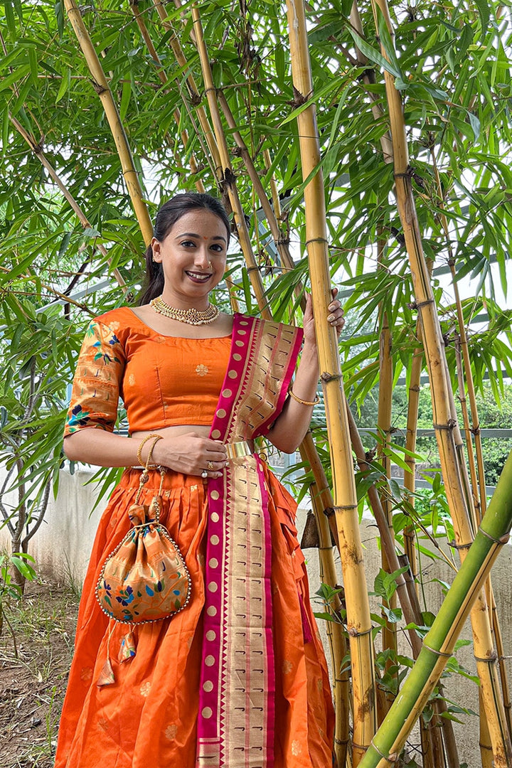 Orange Color Jacquard Paithani Designer Lehenga Choli