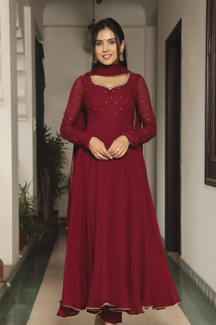 Maroon  Soft Georgette With Sequence Fully Flair Anarkali Suit