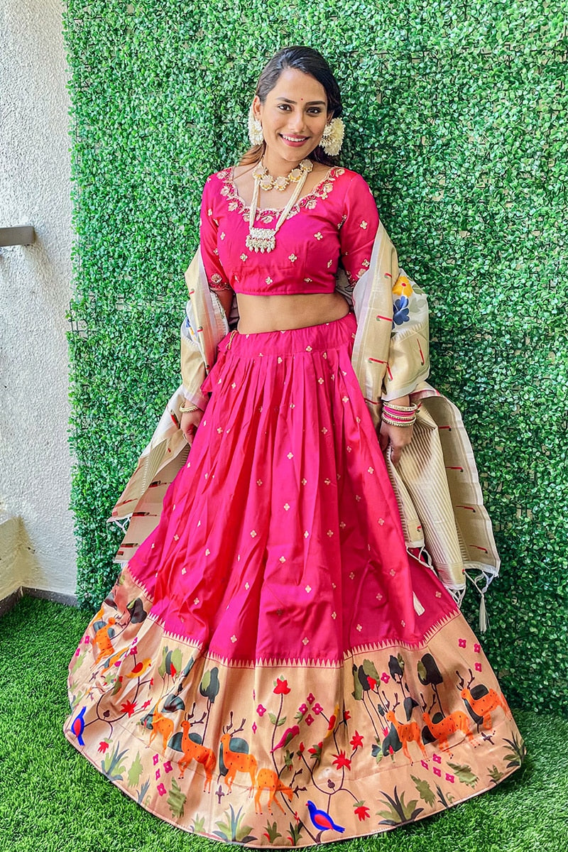 Rani Pink Color Weaving Zari Work Jacquard Silk Paithani Lehenga Choli