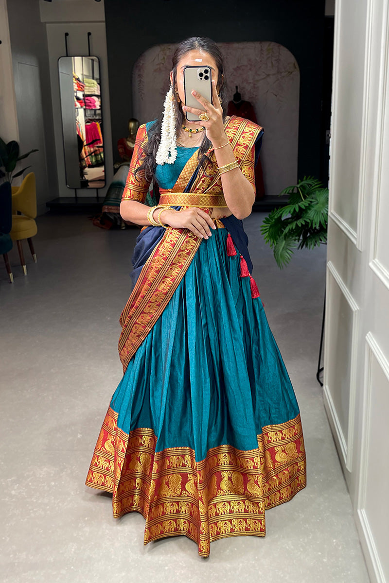 Firozi Color Narayan Pet Cotton Full Flair Lehenga Choli