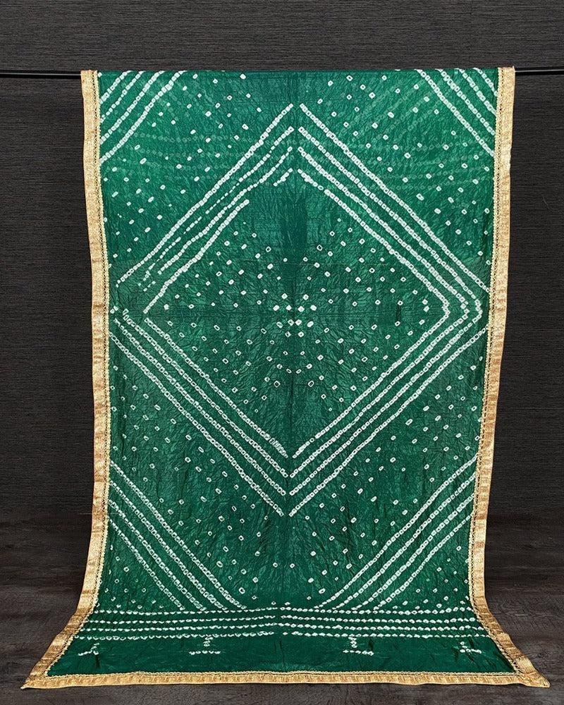 Green Color Original Bandhej Silk Dupatta With Lace Border