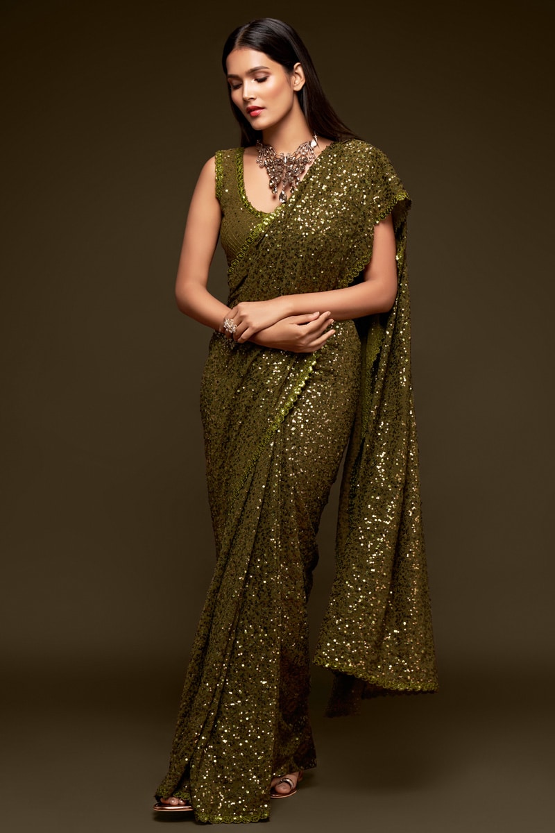 Olive Green  Designer Multipal Sequence Embroidery Georgette Saree