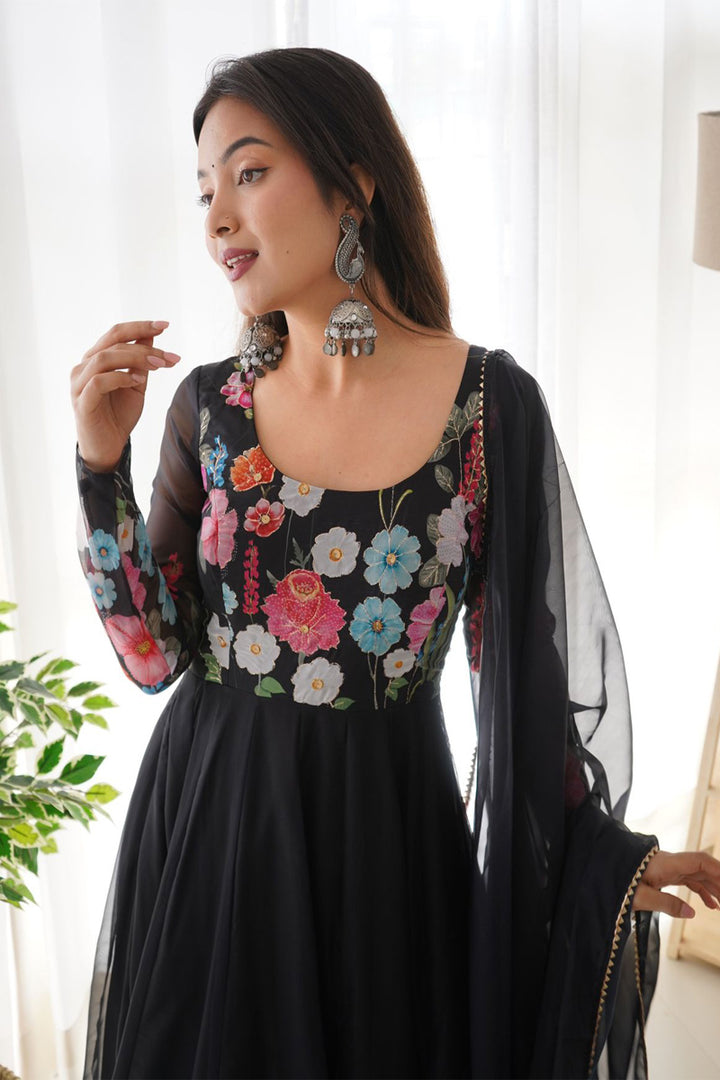 Black Floral Printed Organza Anarkali Suit