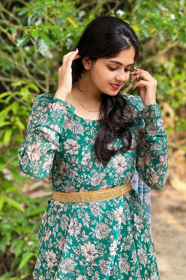 Green Georgette Printed Gown With Fancy Belt