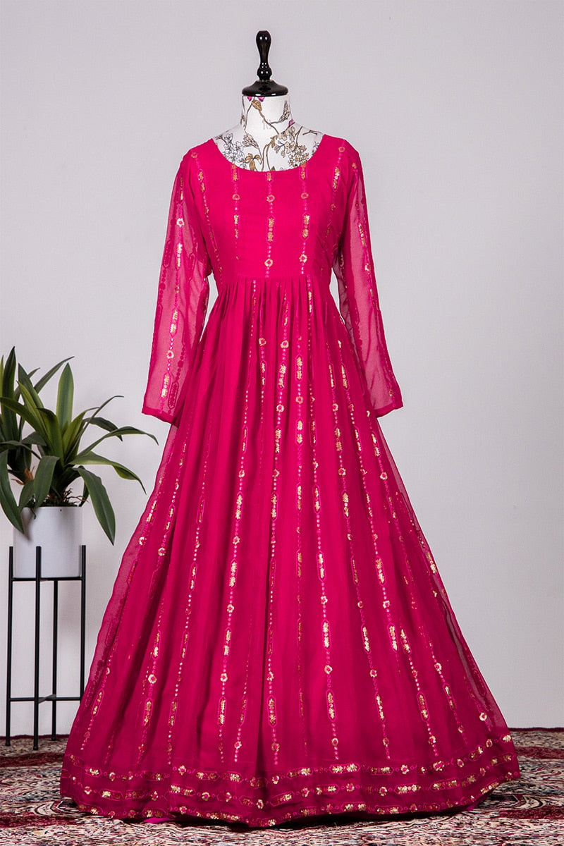 Rani pink Sequins Embroidery Georgette Gown With Dupatta