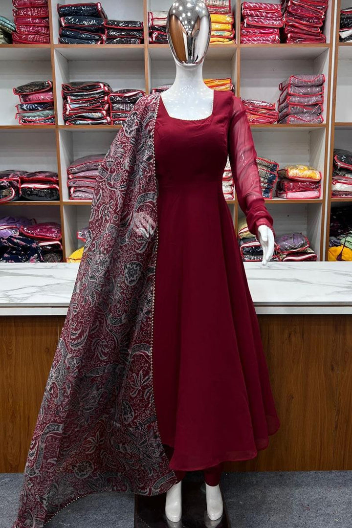 Maroon Triangle Lace Pure Soft Fox Georgette Fully Flair  Anarkali Suit