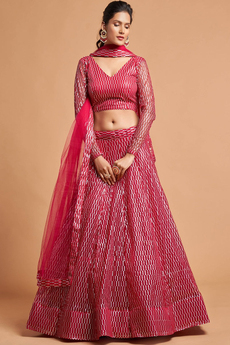 Hot Pink Color Sequins Embroidery Work Soft Net Lehenga Choli