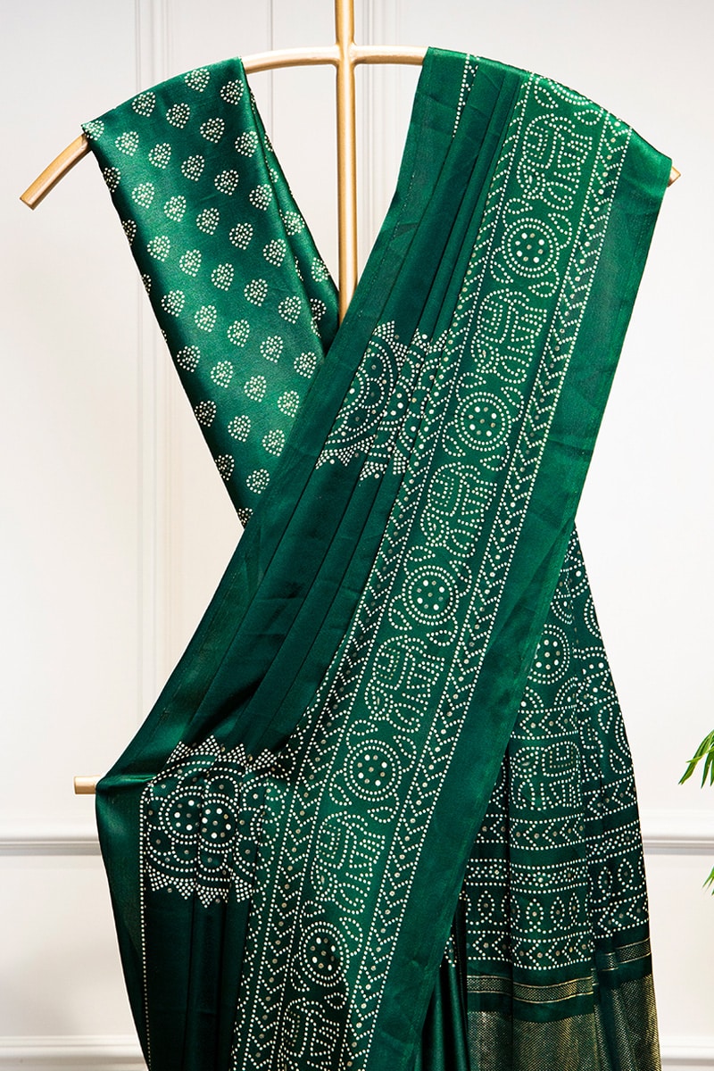 Green Semi Gaji Satin & Printing With Foil Work Saree